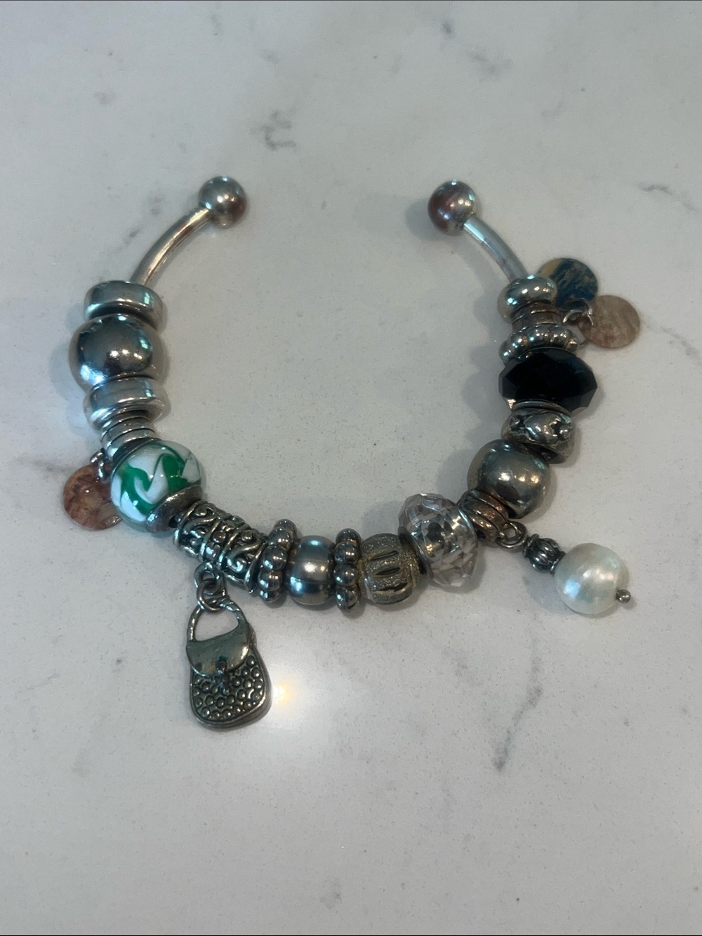 Silver-Tone Charm Bead Bracelet with stones and charms